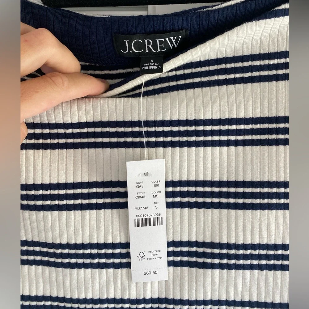 J. Crew Navy & White Striped Premium Rib Side Button Boatneck Top Size Small NWT - Picture 3 of 6